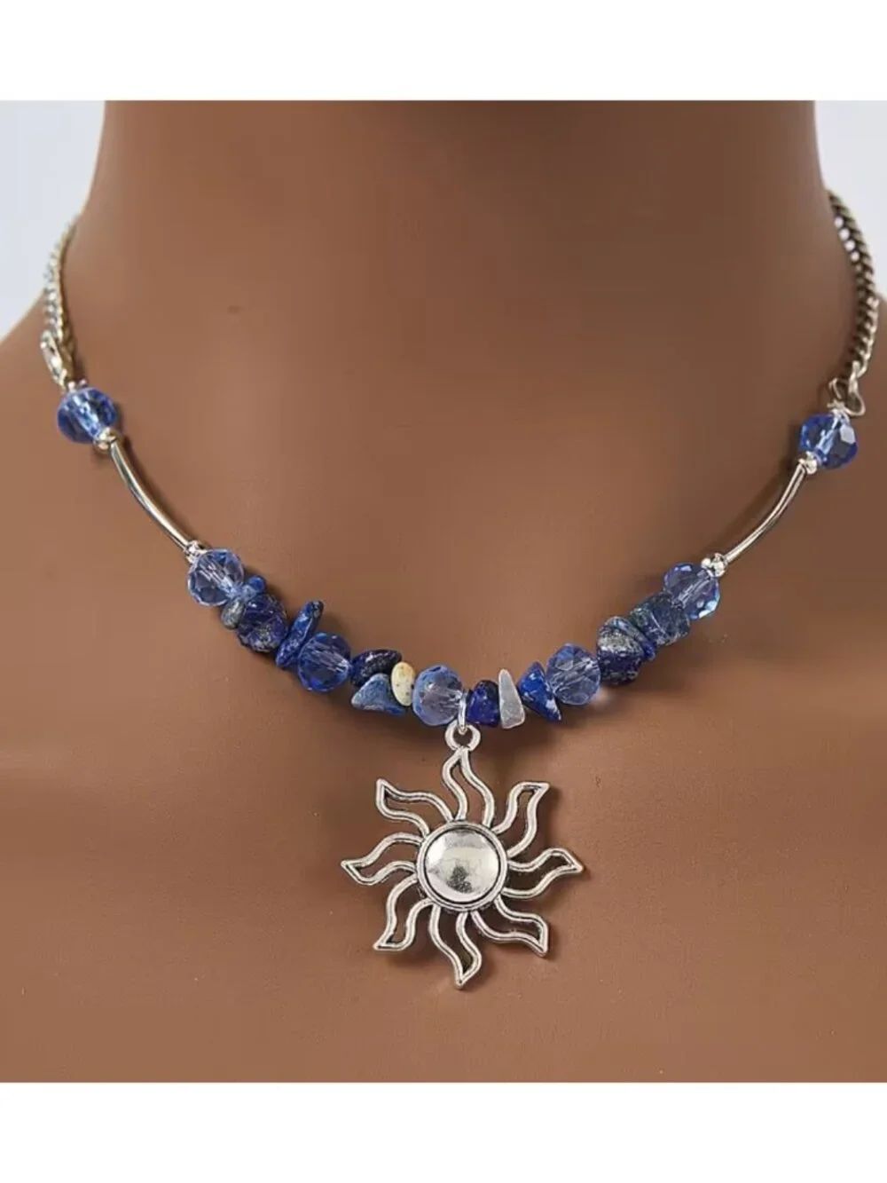 NWT New Boho Blue Beaded Sun Pendant Choker Necklace Celestial